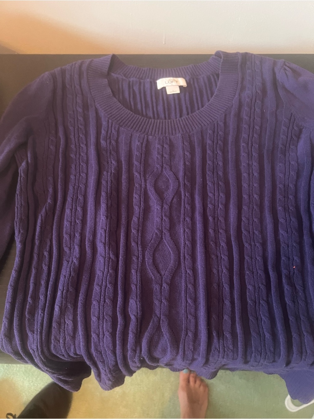 LOFT Deep Purple Cable-Knit Crewneck Sweater